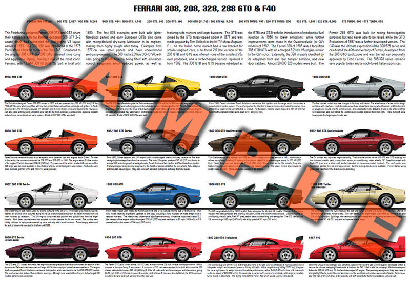 Ferrari 308 208 328 288 GTO F40 model chart poster GTB GTS